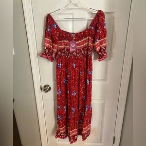 Off the shoulder red maxi dress